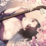  1boy black_eyes black_hair cherry_blossoms gin_(oyoyo) instrument japanese_clothes john_garabushi kaitou_tenshi_twin_angel kimono looking_at_viewer nipples off_shoulder open_clothes open_kimono parted_lips petals shamisen single_bare_shoulder smile solo twin_angel twin_angel_break 