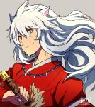  1boy ahoge animal_ears bangs commentary_request dog_ears fingernails from_side fur_trim grey_background gurepyon hair_between_eyes holding holding_sword holding_weapon inuyasha inuyasha_(character) japanese_clothes jewelry long_hair looking_at_viewer looking_to_the_side male_focus necklace sharp_fingernails signature simple_background smile solo sword weapon white_hair wide_sleeves yellow_eyes 