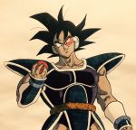  1boy arm_at_side armor black_eyes black_hair dark_skin dragon_ball evil_smile fingernails food fruit highres holding holding_food lee_(dragon_garou) looking_away male_focus muscle scouter shaded_face short_hair simple_background smile spiky_hair tail tullece upper_body wristband 