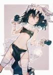  1girl bandage bandaged_arm bandaged_leg bandages black_hair commentary disgaea flat_chest from_below fur_trim kashii_(amoranorem) looking_at_viewer looking_down makai_senki_disgaea_3 midriff navel outstretched_arms pelvic_curtain pointy_ears shaman_(disgaea) short_hair simple_background skull solo spread_arms two-tone_background w_arms yellow_eyes 