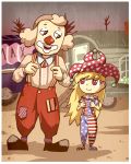  1boy 1girl :d american_flag_legwear black_footwear blonde_hair boots bright_pupils brown_eyes closed_mouth clown clownpiece commentary crossover english_commentary eye_contact facepaint grey_hair hat jester_cap long_hair looking_at_another open_mouth outdoors pants pelle_hermanni pelle_hermanni_(character) red_eyes red_pants setz smile standing suspenders touhou trail trait_connection 