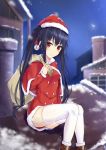  1girl black_hair blush capelet carrying_bag carrying_over_shoulder christmas commentary double-breasted dress english_commentary fur_trim hair_between_eyes hat long_hair long_sleeves looking_at_viewer muwa12 neptune_(series) night night_sky noire outdoors red_capelet red_dress red_eyes santa_costume santa_hat sitting_on_roof sky smile snow snowing solo star_(sky) starry_sky thigh-highs twintails very_long_hair white_legwear 