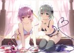  2girls all_fours arm_support bangs bare_arms bare_shoulders black_bra black_legwear black_panties blue_flower blue_rose blurry blush bow bow_bra bow_panties bra breasts commentary_request curtains depth_of_field eyebrows_visible_through_hair flower green_bow green_eyes green_hair hair_between_eyes hands_up heart heart_of_string indoors kneeling komeiji_koishi komeiji_satori looking_at_viewer medium_breasts miyase_mahiro multiple_girls no_shoes on_bed own_hands_together panties pink_bow pink_eyes pink_flower pink_hair pink_rose rose short_hair siblings side-tie_panties sisters third_eye touhou underwear underwear_only white_bra white_legwear white_panties window wrist_bow 