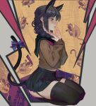  1girl animal_ears bangs black_hair black_legwear black_skirt bow braid braided_ponytail brown_sweater commentary_request fingernails from_side garter_straps korean_commentary legs open_mouth original purple_bow purple_nails sailor seiza sitting skirt solo sweater tail tail_bow tail_ornament thick_thighs thigh-highs thighs violet_eyes wowmoto2 zettai_ryouiki 