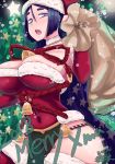  1girl artist_name b.d bell breasts dated fate/grand_order fate_(series) graphite_(medium) highres jingle_bell large_breasts long_hair merry_christmas minamoto_no_raikou_(fate/grand_order) open_mouth patterned_background purple_hair sack santa_costume sidelocks solo star traditional_media very_long_hair 