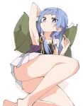  1girl arm_behind_head armpits ass barefoot blue_hair blush green_pillow hairband ixy kannagi legs long_hair looking_at_viewer nagi pillow simple_background skirt solo thighs violet_eyes white_background white_hairband white_skirt 