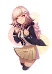  1girl :o backpack bag black_jacket black_legwear brown_skirt cropped_legs dangan_ronpa dress_shirt gjruddls hair_ornament hairclip hood hooded_jacket jacket looking_at_viewer miniskirt nanami_chiaki neck_ribbon open_clothes open_jacket pink_eyes pink_hair pink_ribbon pleated_skirt ribbon shiny shiny_hair shirt short_hair simple_background skirt solo super_dangan_ronpa_2 thigh-highs white_background white_shirt zettai_ryouiki 