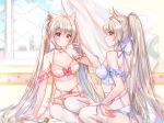  2girls animal_ears back bad_id bad_pixiv_id bangs bare_shoulders bed bell blurry blush bra breasts breasts_apart cat_ears choker closed_mouth collarbone cuna_(qunya) day depth_of_field eyebrows_visible_through_hair frilled_panties frills garter_belt glint hair_between_eyes hair_intakes heterochromia highres indoors jingle_bell lace lace-trimmed_bra lingerie long_hair looking_at_viewer looking_back medium_breasts multiple_girls on_bed orange_eyes original panties ponytail profile red_eyes sidelocks silver_hair sitting tareme thigh-highs twintails underwear very_long_hair white_legwear window 