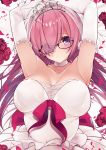  1girl absurdres alternate_hair_length alternate_hairstyle armpits arms_up breasts bridal_veil cleavage dress elbow_gloves fate/grand_order fate_(series) glasses gloves hair_over_one_eye highres large_breasts lavender_hair mash_kyrielight netarou veil violet_eyes wedding_dress white_gloves 