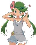  1girl badge blush creatures_(company) flower game_freak green_eyes green_hair hair_flower hair_ornament ixy long_hair mallow_(pokemon) nintendo open_mouth overalls pokemon pokemon_(game) pokemon_sm simple_background smile solo strap_lift twintails white_background 