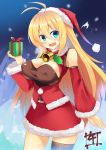  1girl antenna_hair bare_shoulders belt blonde_hair blue_eyes blush box breasts canine christmas cleavage detached_sleeves fur_trim gift gift_box hat highres large_breasts long_hair minase_nagi open_mouth santa_costume santa_hat single_thighhigh skirt sleeveless solo thigh-highs tsurumaki_maki voiceroid wide_sleeves 