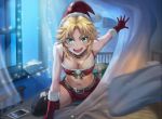  1girl bed black_legwear blanket blonde_hair blush breasts cellphone christmas christmas_lights cleavage collar commentary english_commentary fate/apocrypha fate_(series) gift gloves green_eyes hat looking_at_viewer medium_breasts mordred_(fate) mordred_(fate)_(all) navel night open_mouth open_window phone pillow santa_costume santa_hat shorts smartphone smile snow solo stomach thigh-highs tonee window 