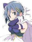  1girl arms_behind_head bare_shoulders blue_eyes blue_hair blush breasts cape eyebrows_visible_through_hair fortissimo fortissimo_hair_ornament gloves hair_ornament hairclip interlocked_fingers ixy looking_at_viewer magical_girl mahou_shoujo_madoka_magica medium_breasts miki_sayaka short_hair simple_background smile solo white_background white_cape white_gloves 