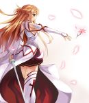  1girl asuna_(sao) black_skirt braid breastplate brown_eyes brown_hair crown_braid detached_sleeves floating_hair flower from_side holding holding_sword holding_weapon long_hair long_sleeves miniskirt outstretched_arm pink_flower pleated_skirt skirt solo standing sword sword_art_online thigh-highs very_long_hair vin weapon white_background white_legwear white_sleeves 
