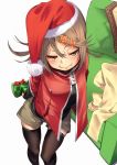  1girl black_legwear brown_hair christmas couch fu-ta gift hair_ornament hairclip hat looking_at_viewer original ponytail santa_hat shorts simple_background smile solo sweater thigh-highs usami_taiga white_background yellow_eyes 