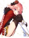  astolfo_(fate) blush braid cape crown fang fate/grand_order fate_(series) gomano_rio hair_ribbon highres leg_hug looking_at_viewer open_mouth pink_hair ribbon sitting 