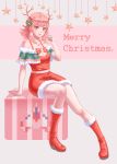  1girl absurdres antlers bare_shoulders boots box breasts christmas christmas_dress cleavage collarbone commentary_request dangan_ronpa dangan_ronpa_3 dress eyebrows_visible_through_hair hair_ornament hair_ribbon highres looking_at_viewer medium_breasts merry_christmas mopsial nanami_chiaki open_eyes open_mouth pink pink_background pink_eyes pink_hair pointing pointing_at_self red_dress red_footwear red_ribbon reindeer_antlers ribbon rocket_ship sitting snowman solo space_craft star super_dangan_ronpa_2 