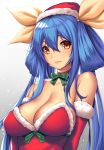  1girl bare_shoulders blue_hair bow breasts choker cleavage commentary_request detached_sleeves dizzy green_bow green_ribbon guilty_gear guilty_gear_xrd hair_between_eyes highres large_breasts long_hair looking_at_viewer red_eyes ribbon santa_costume smirk takanashi-a twintails 