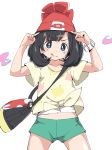  1girl :q bag beanie black_hair blue_eyes bracelet creatures_(company) eyebrows_visible_through_hair game_freak green_shorts hat ixy jewelry looking_at_viewer midriff mizuki_(pokemon) navel nintendo pokemon pokemon_(game) pokemon_sm short_hair short_sleeves shorts smile solo standing tongue tongue_out 