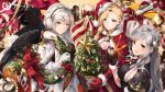  3girls :d aircraft airplane azur_lane bird blonde_hair blue_eyes blush braid breasts cleavage dunkerque_(azur_lane) eagle earmuffs enterprise_(azur_lane) enterprise_(reindeer_master)_(azur_lane) fur_trim gloves hood_(azur_lane) long_hair looking_at_viewer multiple_girls neko_(yanshoujie) open_mouth red_eyes red_gloves silver_hair smile violet_eyes white_gloves 