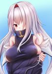  1girl azur_lane blue_background blush breast_rest breasts colorado_(azur_lane) commentary_request covered_nipples crossed_arms eyebrows_visible_through_hair grey_hair hair_over_one_eye hairband highres kirimori_toya long_hair long_sleeves looking_at_viewer red_eyes sideboob solo upper_body 