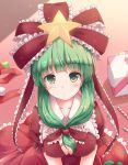  1girl bangs blunt_bangs blush bow box breasts candy candy_cane cleavage commentary_request covered_nipples dress eyebrows_visible_through_hair food frills front_ponytail gift gift_box green_eyes green_hair head_tilt highres kagiyama_hina large_breasts long_hair looking_at_viewer lzh perspective puffy_short_sleeves puffy_sleeves red red_bow red_dress red_ribbon ribbon short_sleeves solo star touhou 