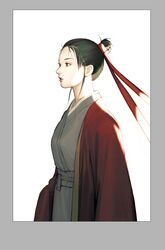  1girl black_eyes black_hair border grey_border grey_kimono highres japanese_clothes kimono long_hair original parted_lips ponytail profile solo standing yezip 