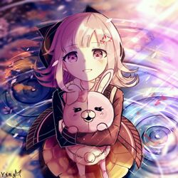  1girl animal_ears artist_name beige_skirt black_eyes black_hoodie blush bow commentary_request dangan_ronpa dangan_ronpa_3 ear_ribbon eyebrows_visible_through_hair flipped_hair hair_ornament hairclip holding holding_another hood hoodie leaf long_eyelashes looking_at_viewer medium_hair monomi_(dangan_ronpa) nanami_chiaki open_eyes open_mouth pink_eyes pink_hair pink_ribbon rabbit rabbit_ears ribbon skirt smile super_dangan_ronpa_2 warbler water 