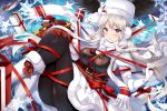  1girl absurdres azur_lane bald_eagle belt belt_buckle bird boots box breasts buckle capelet eagle earmuffs enterprise_(azur_lane) enterprise_(reindeer_master)_(azur_lane) fur_trim gift gift_box hat highres kurot large_breasts long_hair pantyhose reindeer ribbon santa_costume scarf silver_hair snowman tangled underbust violet_eyes white white_santa_costume 