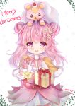 1girl :d belt bow bowtie cowboy_shot curcuma_(flower_knight_girl) double_bun flower flower_knight_girl gift gloves hair_flower hair_ornament hat highres holding holding_gift long_hair looking_at_viewer meito_harmren merry_christmas open_mouth pink_bow pink_eyes pink_gloves pink_hair pinky_out red_hat santa_hat simple_background smile solo star stuffed_animal stuffed_toy teddy_bear white_background x_hair_ornament yellow_capelet 