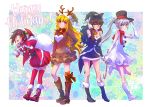  4girls ahoge animal_costume black_hair black_santa_costume blake_belladonna blonde_hair blue_eyes cloak gradient_hair grey_eyes highres hood hooded_cloak iesupa long_hair multicolored_hair multiple_girls ponytail redhead reindeer_costume ribbon ruby_rose rwby santa_costume scar scar_across_eye short_hair side_ponytail snowman_costume tiara two-tone_hair violet_eyes wavy_hair weiss_schnee white_hair yang_xiao_long yellow_eyes 