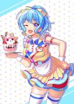  1girl ;d apron bang_dream! bangs blue_hair blue_neckwear bow bowtie character_name cherry commentary_request dress drop_shadow earrings food frilled_apron frilled_sleeves frills fruit hair_bow hand_on_hip highres holding holding_tray ice_cream jewelry kenkou_toshikou looking_at_viewer matsubara_kanon michelle_(bang_dream!) name_tag one_eye_closed open_mouth pom_pom_earrings ponytail shorts shorts_under_skirt sidelocks skindentation smile solo star starry_background sundae thigh-highs tray violet_eyes waist_apron waitress whipped_cream wrist_cuffs yellow_bow yellow_dress 