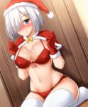  1girl alcohol bikini blue_eyes blush breasts clenched_hands closed_mouth commentary_request dutch_angle eyebrows_visible_through_hair front-tie_bikini front-tie_top gloves groin hair_ornament hair_over_one_eye hairclip hamakaze_(kantai_collection) highres kantai_collection large_breasts looking_at_viewer navel nose_blush on_floor red_bikini red_gloves revision santa_bikini santa_costume santa_gloves shawl short_hair silver_hair sitting smile solo swimsuit thigh-highs wariza white_legwear zanntetu 