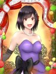  1girl :d alternate_costume black_gloves black_hair black_ribbon brown_eyes christmas christmas_lights collarbone dress elbow_gloves gloves gown haguro_(kantai_collection) hair_ornament highres jewelry kantai_collection looking_at_viewer necklace open_mouth pearl_necklace purple_dress ribbon short_hair smile solo strapless strapless_dress suuyu_siba traditional_media twitter_username 