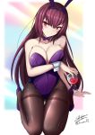  1girl absurdres alcohol animal_ears artist_name bare_shoulders blush bow bowtie breasts bunny_girl bunny_tail bunnysuit cleavage cup detached_collar drinking_glass eyebrows_visible_through_hair fake_animal_ears fate/grand_order fate_(series) hair_intakes high_heels highres holding holding_cup ichikawayan kneeling large_breasts leotard long_hair looking_at_viewer multicolored multicolored_background pantyhose playboy_bunny_leotard purple_hair purple_leotard rabbit_ears red_eyes scathach_(fate)_(all) scathach_(fate/grand_order) smile solo strapless strapless_leotard tail thighband_pantyhose wine wine_glass wrist_cuffs 