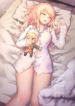  1girl absurdres bed bed_sheet blonde_hair bottomless breasts character_doll dress_shirt erect_nipples gluteal_fold highres long_hair lying medium_breasts messy_hair naked_shirt no_bra on_back on_bed open_mouth pillow ray_(pixiv9514208) rodney_(zhan_jian_shao_nyu) shirt sleeping solo warship_girls_r watermark white_shirt 