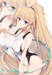  1girl bangs black-framed_eyewear blonde_hair blush breasts competition_swimsuit covered_nipples eyebrows_visible_through_hair eyewear_removed fate_(series) glasses groin highres holding holding_eyewear hoop hula_hoop jeanne_d&#039;arc_(fate) jeanne_d&#039;arc_(fate)_(all) large_breasts long_hair looking_at_viewer miko_92 multiple_views one-piece_swimsuit open_mouth sidelocks skindentation smile solo swimsuit very_long_hair whistle 