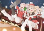  2girls :d bag bangs bare_shoulders belt blonde_hair blush bow braid commentary dasshu double_bun fangs himehina_channel long_hair multiple_girls open_mouth outdoors pink_bow pink_hair santa_costume sitting sky sleigh smile snow star_(sky) starry_sky suzuki_hina tanaka_hime thigh-highs violet_eyes virtual_youtuber zettai_ryouiki 