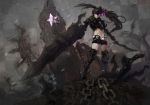  1girl armor belt black_hair black_rock_shooter black_rock_shooter_(character) boots burning_eye chains checkered commentary gauntlets greaves grey_background highres huge_weapon insane_black_rock_shooter long_hair loose_belt navel rock scar shorts solo sword thigh-highs twilight_pharmacist twintails uneven_twintails violet_eyes weapon 