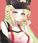  1girl black_hat blush braid breasts cleavage collarbone eating eyebrows_visible_through_hair eyes_visible_through_hair food food_in_mouth fp-6_(girls_frontline) girls_frontline green_eyes green_hair hair_ornament hairclip hand_up hat highres k_milk12000 large_breasts long_hair looking_at_viewer peaked_cap pinky_out pizza red_background shirt sidelocks simple_background solo steam suspenders upper_body white_shirt 
