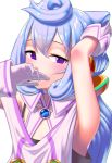  1boy arm_up armpits blue_hair cogara covering_mouth eyebrows_visible_through_hair gloves hacka_doll hacka_doll_3 highres long_hair looking_at_viewer male_focus simple_background solo trap violet_eyes white_background white_gloves 
