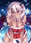  +_+ absurdres breasts christmas cleavage dark_skin hair_ornament highres horns looking_at_viewer navel original otono_fei pointy_ears red_eyes silver_hair skull_hair_ornament smile snowflakes tail tattoo thigh-highs two_side_up wings 