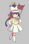  1girl black_hair bow constanze_amalie_von_braunschbank-albrechtsberger flag hair_bow hand_on_hip hat holding little_witch_academia long_ponytail nakkasu plume shako_cap solid_eyes solo 