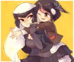  2girls ;d animal_ears artist_name badger_ears bandaid bandaid_on_nose bangs behind_another bird_wings black_hair black_jacket black_skirt breasts brown_eyes brown_jacket buttons camisole cleavage commentary_request eyebrows_visible_through_hair friends from_side greater_honeyguide_(kemono_friends) hanada_(cobalt003) hand_up hands_up happy head_on_head head_wings honey_badger_(kemono_friends) hug hug_from_behind jacket kemono_friends long_hair long_sleeves looking_at_another looking_back miniskirt multicolored_hair multiple_girls one_eye_closed open_clothes open_jacket open_mouth orange_eyes outstretched_arms outstretched_hand pink_hair plaid shirt short_sleeves simple_background sketch skirt smile spread_fingers two-tone_hair unbuttoned upper_body very_long_hair white_hair white_shirt wings yellow_background 