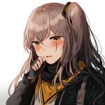  bangs blush brown_hair fingerless_gloves girls_frontline gloves hair_between_eyes hair_ornament hand_up jacket long_hair looking_at_viewer one_side_up open_clothes open_jacket open_mouth scar scar_across_eye scarf shirt sidelocks silence_girl simple_background ump45_(girls_frontline) upper_body white_background white_shirt yellow_eyes 
