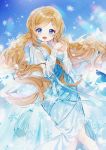  1girl :d blue_dress blue_eyes blue_sky blush braid breasts clouds cloudy_sky commission day dress hands_up highres light_brown_hair long_hair long_sleeves looking_at_viewer low_twintails mullpull open_mouth original outdoors see-through see-through_sleeves sky small_breasts smile snowflakes solo twintails very_long_hair 