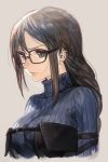  1girl akuta_hinako arm_strap asymmetrical_bangs bangs breasts brown_eyes brown_hair earrings fate/grand_order fate_(series) glasses grey_background hair_behind_eyewear hankuri impossible_clothes jewelry long_hair ribbed_sweater sidelocks simple_background solo sweater turtleneck turtleneck_sweater 