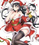  1girl azur_lane bangs bare_shoulders bell belt black_hair black_legwear blush boots box breasts cape christmas cleavage coat collarbone dress eyebrows_visible_through_hair fur-trimmed_boots fur-trimmed_coat fur_trim gift gift_box hair_between_eyes hat high_heel_boots high_heels large_breasts long_hair looking_at_viewer one_eye_closed red_cape red_dress red_eyes red_footwear sack santa_costume santa_hat simple_background smile solo strapless strapless_dress taihou_(azur_lane) thigh-highs very_long_hair white_background yusan 