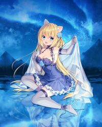  1girl :d animal_ears armpits aurora bangs bare_shoulders blonde_hair blue blue_dress blue_eyes blue_flower blush breasts cat_ears cleavage commentary_request dress elbow_gloves eyebrows_visible_through_hair fang flower frilled_dress frills full_body gloves grey_gloves grey_legwear hair_flower hair_ornament halterneck highres long_hair looking_at_viewer medium_breasts mountain night night_sky no_shoes open_mouth original outdoors reflection sakura_neko sidelocks sitting sky sleeveless sleeveless_dress smile solo star_(sky) starry_sky tareme very_long_hair water yokozuwari 