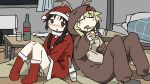  2girls animal_costume back-to-back black_hair blonde_hair blush bottle chito_(shoujo_shuumatsu_ryokou) christmas contemporary cosplay drinking drunk highres indoors kigurumi multiple_girls reindeer_costume santa_costume shoujo_shuumatsu_ryokou sitting tsukumizu_yuu twintails yuuri_(shoujo_shuumatsu_ryokou) 